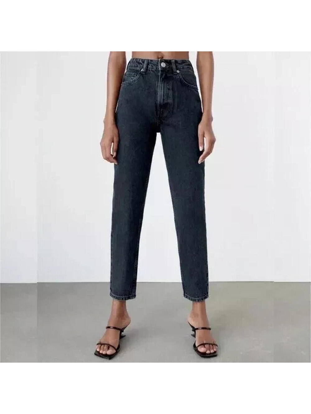 Zara Black Denim Jeans Size 12 Straight Leg Mid Waist Ankle Length